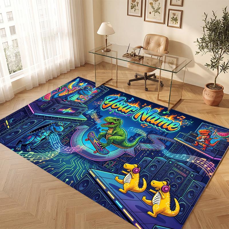 Dinosaur Theme Soft Crystal Velvet Rug Custom Name & Text Print Non Slip Floor Rug for Bedroom Living Room