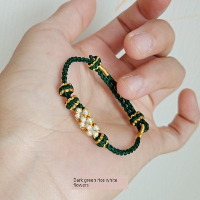 

Браслет из плетеного шнура «Цветок персика», полуфабрикат, плетение в четыре нити, тонкая модель, подходит для отверстий более 2 мм, подарок для взрослых и детей Dark green rice white flowers