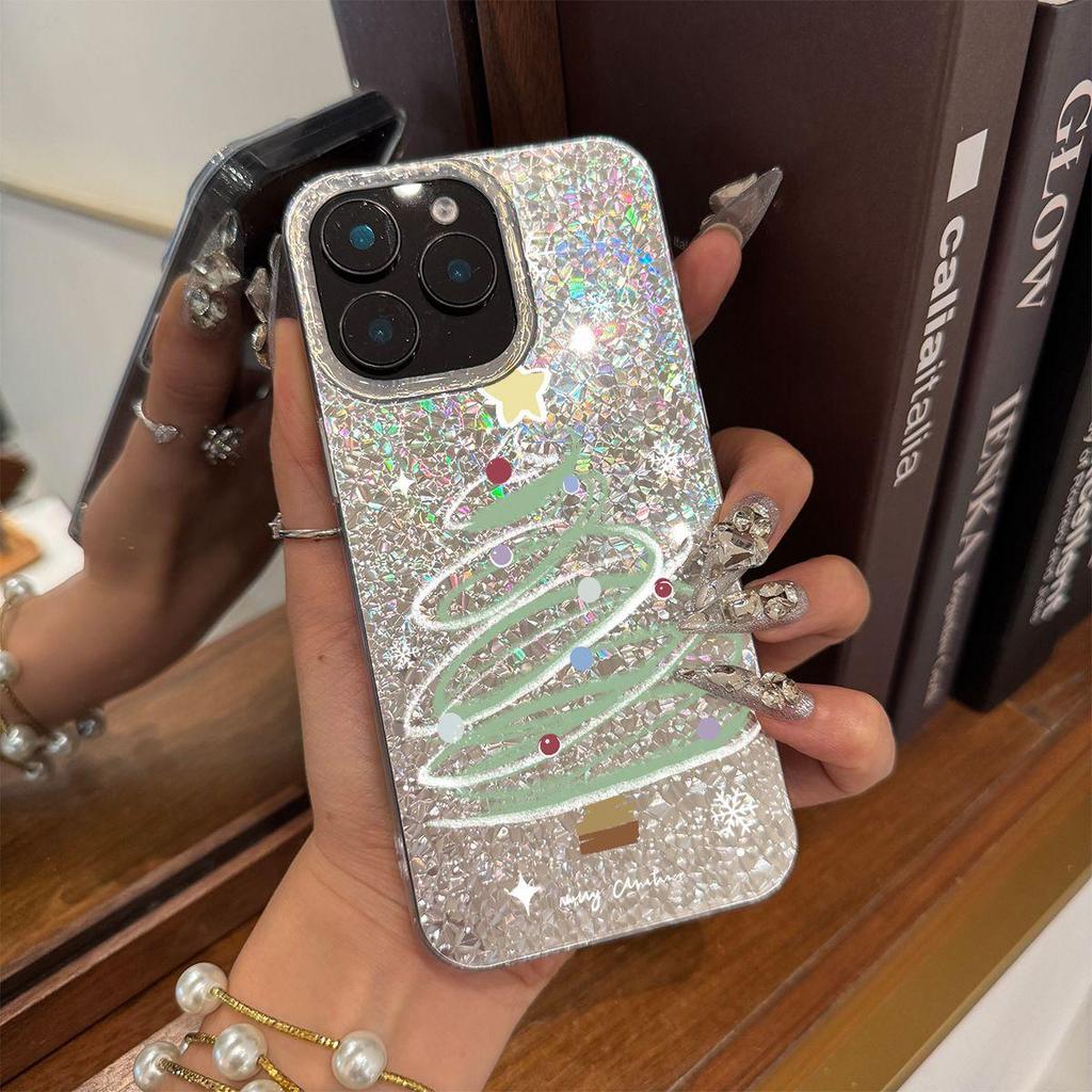 Simple Hand-drawn Christmas Tree Case for iphone 11 14 15 XR 16 Plus 12 17 Pro 13 XS Max 18 Pro Max Air Silver Crushed Foil Cover