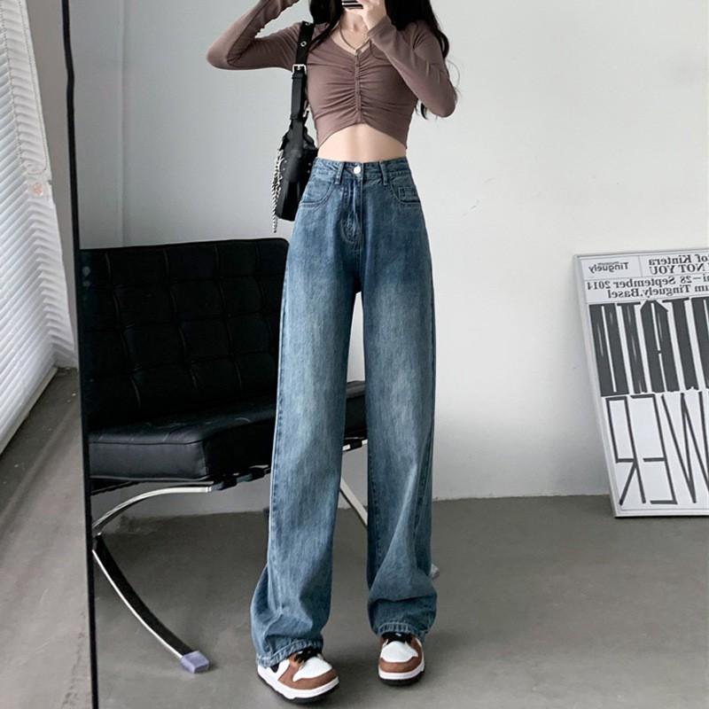 Womens High Waist Wide Leg Straight Cut Denim Pants Fall Winter Loose Fit Cropped Long Trousers
