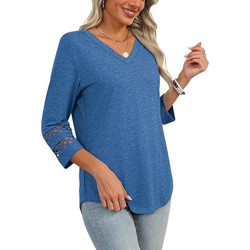 2026 Women's Fashion Solid Color V-Neck Loose Three-Quarter Sleeve Round Neck Hollow-Out Casual Top
