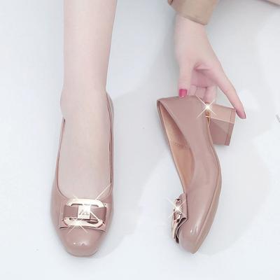 Shoes Patent Leather Mid-heel Shoes Fashion Office Pointy Toe Slip Zapatos Black Simple Light Mouth Solid Color Everyday Wear