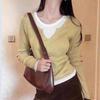 Youthful Color Block Fake Two Piece Knit Sweater Women Spring Soft Plush Long Sleeve Inner Wear Top Base Layer