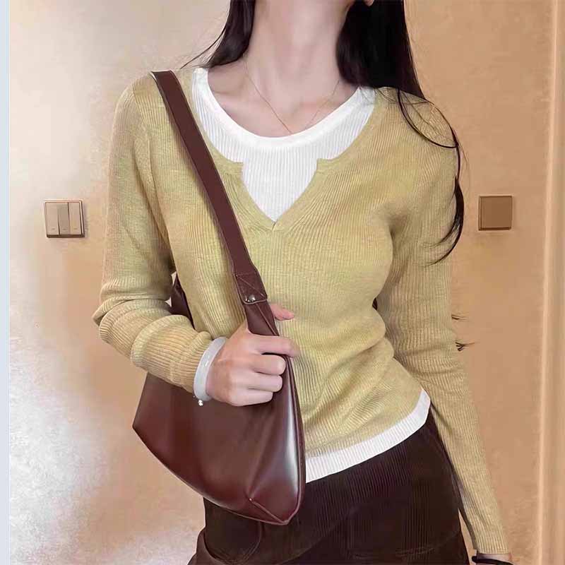 Youthful Color Block Fake Two Piece Knit Sweater Women Spring Soft Plush Long Sleeve Inner Wear Top Base Layer