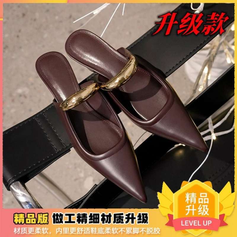 French simple pointed Müller slippers women's 2025 summer new retro fashion metal bag head thick heel half slippers