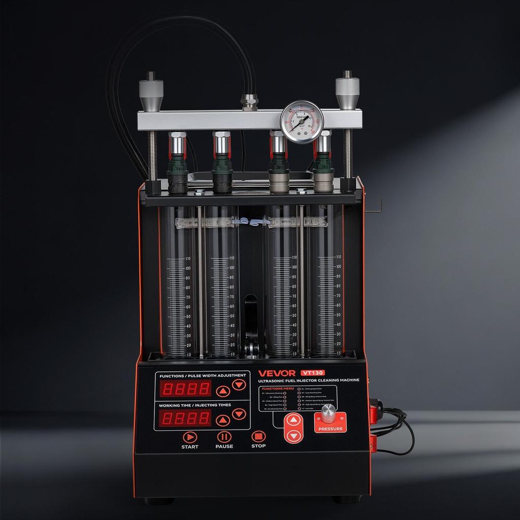 Fuel Injector Cleaner Tester, 9 Test Modes, 4-Cylinder 28kHz Ultrasonic Cleaning Machine, Automotive Injector Cleaner Machine with Drain Valve and 12V