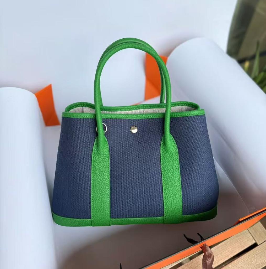 Grensoverschrijdende nieuwe canvas tas met eerste laag koeienhuid voor dames, tuin handtas, echt leer, contrasterende kleur, schoudertas, messenger tas, tote bag
