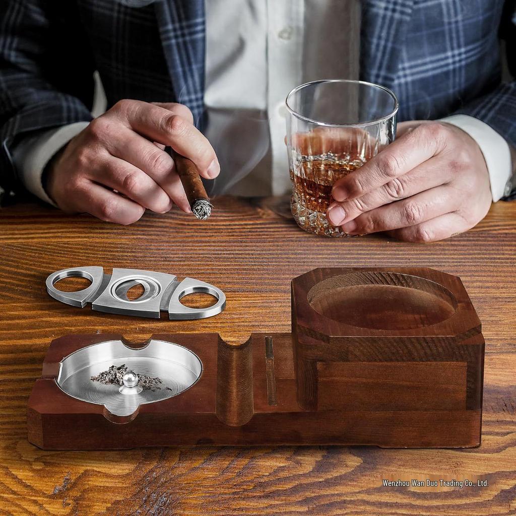Wooden Cigar Ashtray & Coaster with Cup Holder and Wine Glass Rack