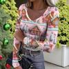 Women's Winter Slim-Fit Base Layer T-Shirt Fashionable Christmas Print V-Neck Pullover Long-Sleeved Top