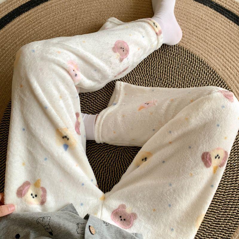 Korean Style Women's Cartoon Flannel Sleep Pants - Wearable Outdoors for Autumn and Winter 2025