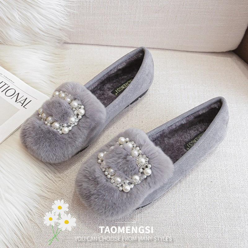 Fashion Crystal&Pearl Buckle Shoes Woman Rabbit Fur Flats Winter Big Size 42/43 Mocasines Femme Furry Loafers Barefoot Cotton Ballerinas