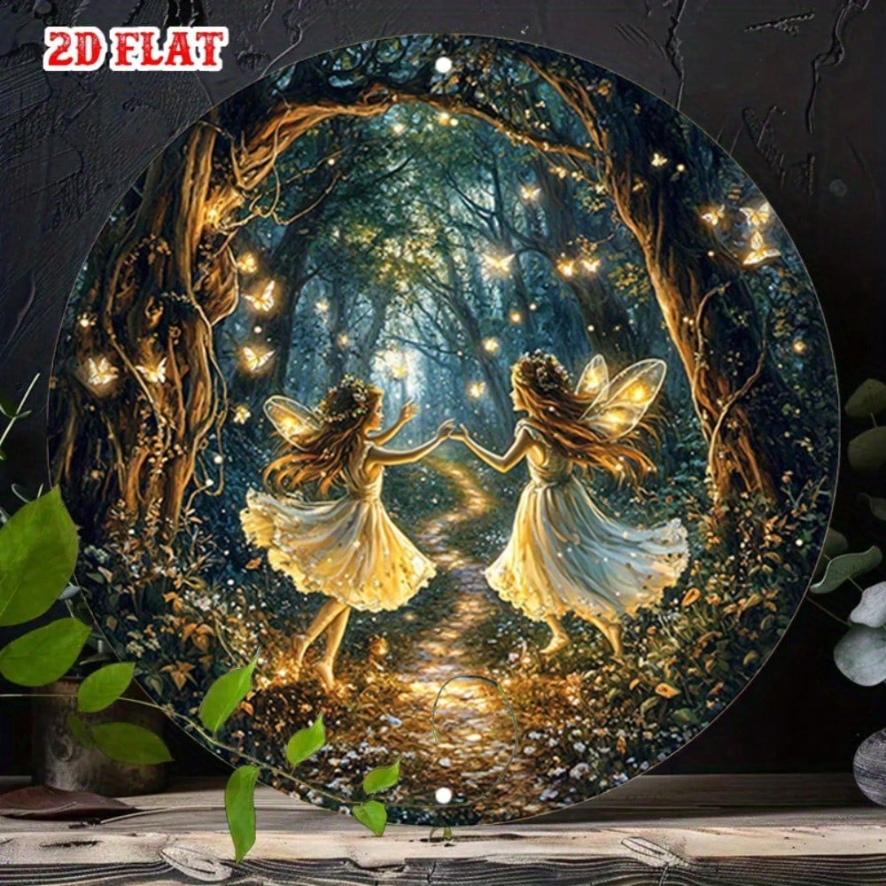 Fairy Dance Glowing Wall Art Round Metal Sign Home Cafe Decor 20x20 разноцветный