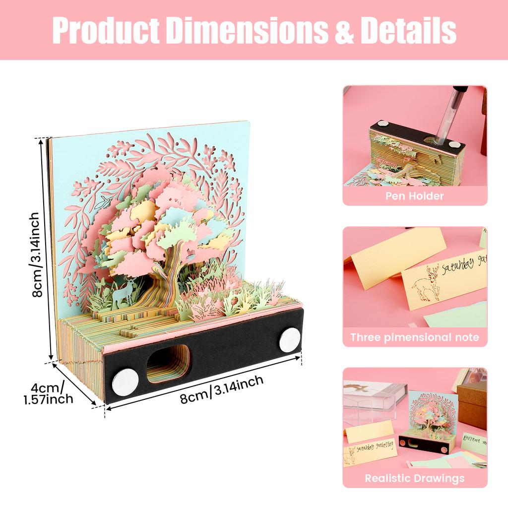 Creative Forest 3D Memo Pad with Pen Holder Acrylic Cover Tear-Away DIY Note Pad Paper Carving Art for Desktop Decoration Gift