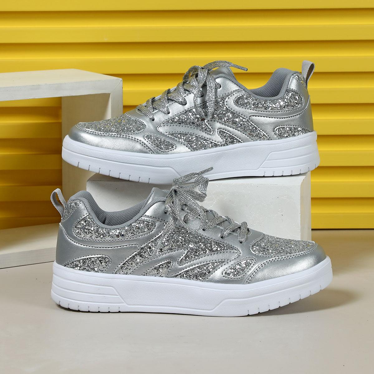 

MCTIN Женская повседневная обувь на платформе с блестками Модные цветные кроссовки на толстом каблуке Плоская спортивная обувь для мужчин 40 серебряный