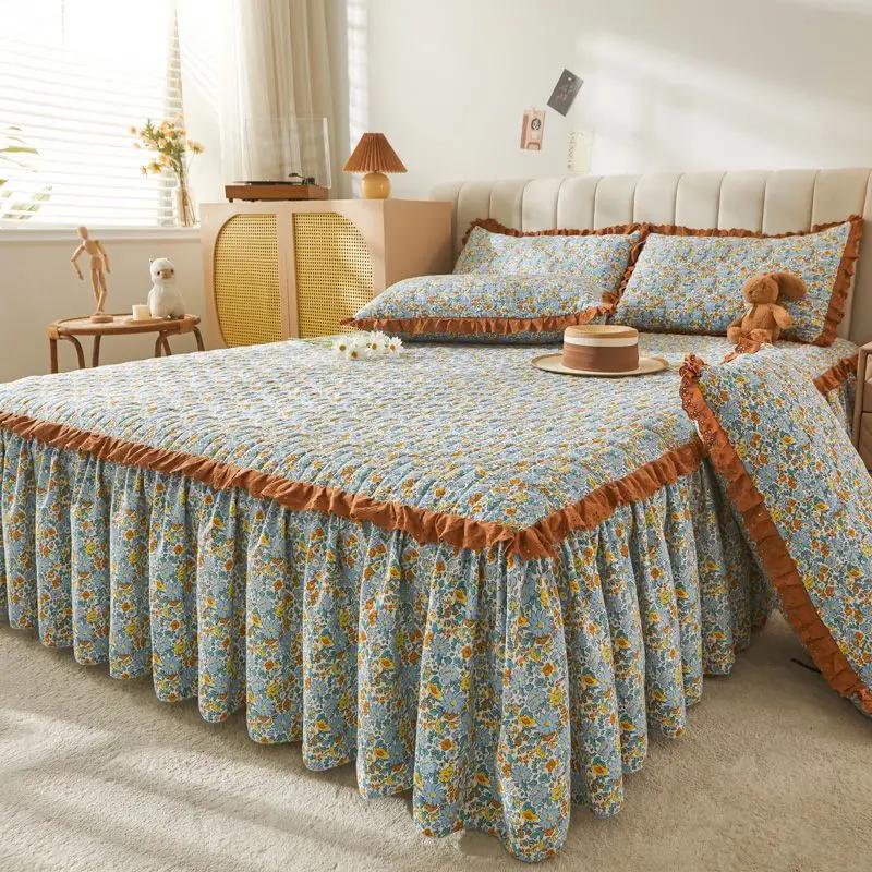 3pcs Floral Pattern Cotton Bed Skirt Seasonal Universal Thick Bed Sheets Ruffle Edge Skirt Hem Anti Slip Dustproof Bedspread