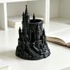 Dark Castle Pen Holder Large-Diameter Storage Desktop Organizer with 3D Micro-Landscape Design Distressed Black Gray Texture Durable Fantasy Decor