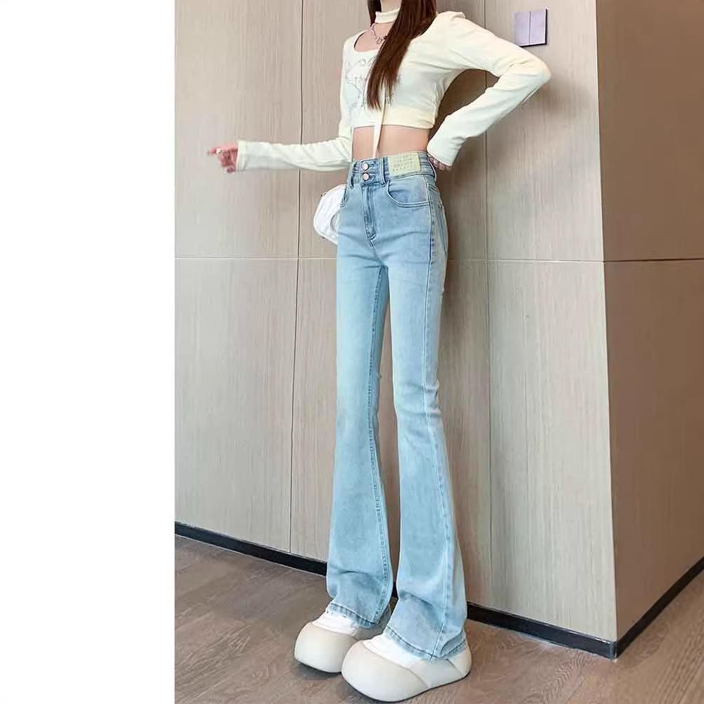 Women's High-Waisted Light Blue Micro-Flare Jeans - Slimming, Tight-Fitting Bell-Bottoms for Spring and Autumn, 2026 Style.