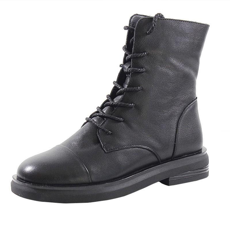 Boots female 2025 spring and autumn Martin boots British style round head flat heel medium tube short boots thin retro leather shoes