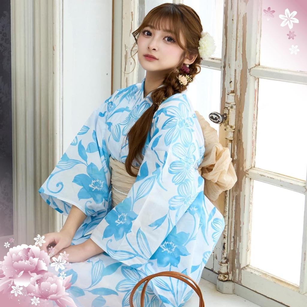 RAVIR Yukata Refreshing White Background with Watercolor Fluffy Obi and Geta One Size Fits All Women's 3-Piece Set, Flowers, Belt, Sandals, Blue,