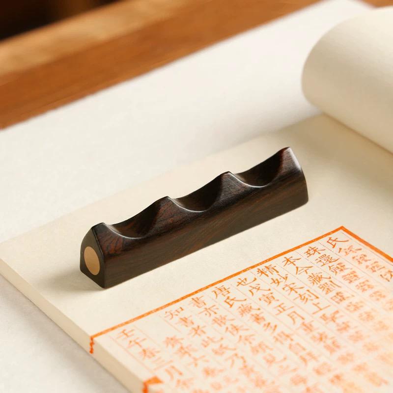 Ebony Inlaid Copper Brush Holder: Solid Wood Pen Rest for Calligraphy Supplies