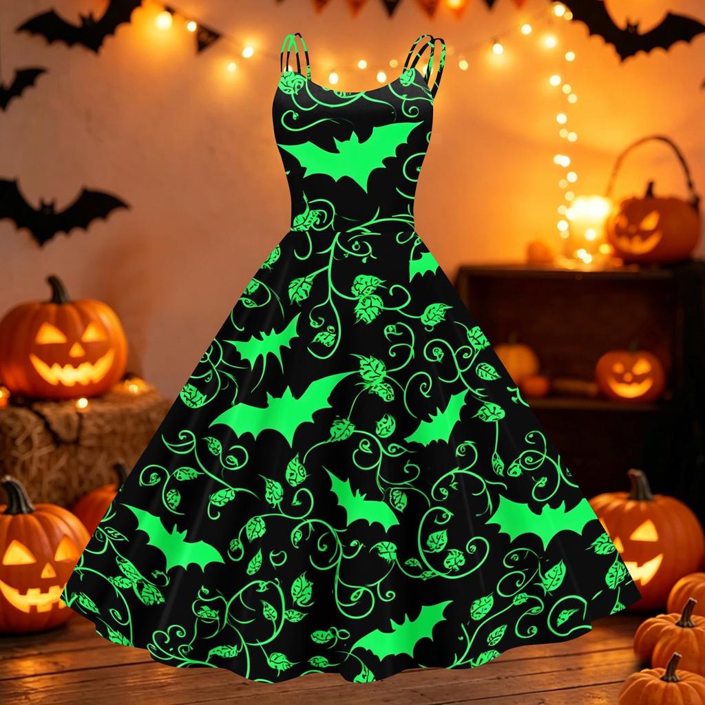 Women's Halloween Print Off Shoulder Dress Vintage Punk Style A Line Midi Dress with Flared Skirt and Adjustable Straps for Party
