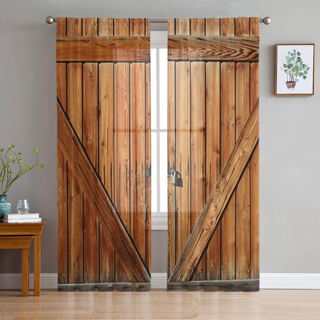 Vintage Wooden Door Doorway Tulle Curtains for Living Room Decoration Modern Chiffon Sheer Voile Kitchen Bedroom Window Curtain