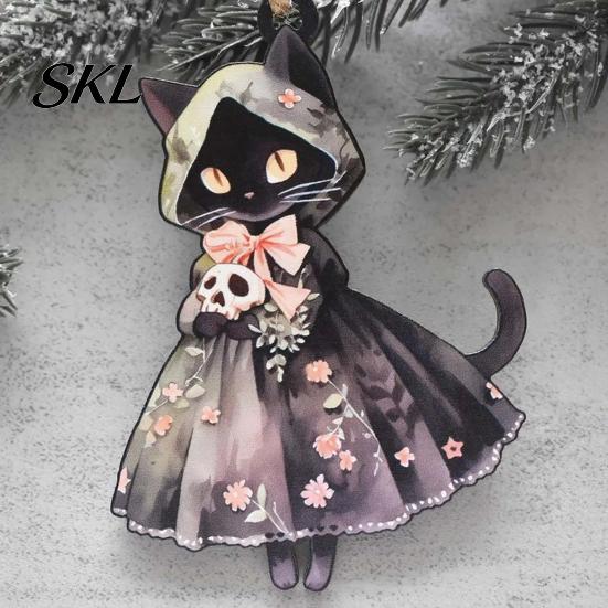 Whimsical Witch Cat Room Decor Halloween Wooden Hanging Ornament, Decorative Pendant, Watercolor Wood Cute Holiday Party Favors for Tree And