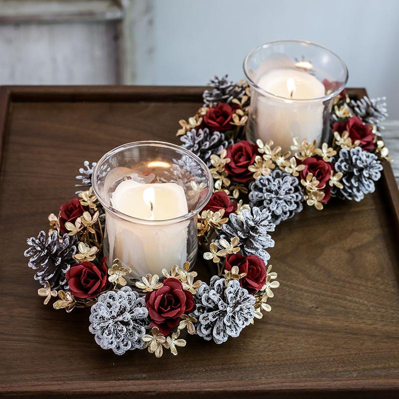 Christmas Candlestick Wreath Artificial Flowers Candle Ring Xmas New Year Table Decoration Candle Holder Garland Party Decorate