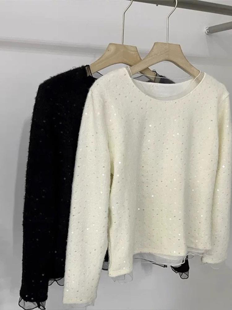 Korean Mesh Patchwork Sequin Two-Piece T-shirt: 2025 Winter Women's Sweet Temperament Trendy Top