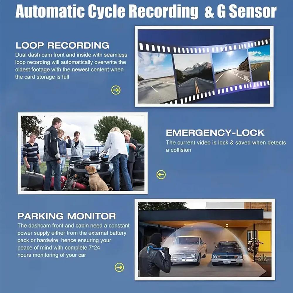 Câmera de painel DVR para carro 1080P, frontal, interna e traseira, gravador de direção de 3 lentes, tela de 2 polegadas
