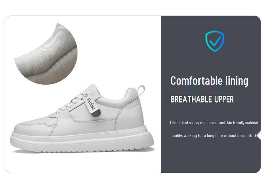 855 Men's Height-Increasing Platform Sneakers, Low-Top Cowhide Surface, Thick Sole, White, Spring Casual and Trendy.