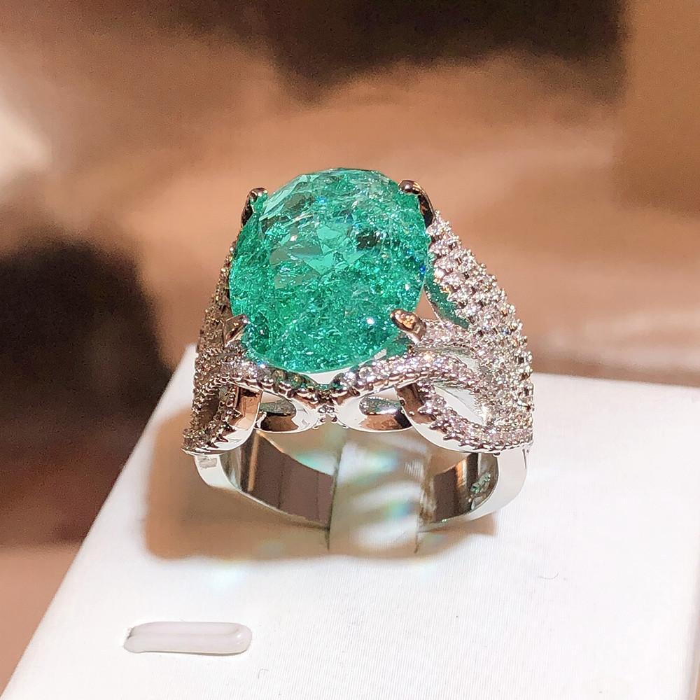 925 Silver Plated Fashionable Blue Green Moissanite Ring Fire Sparkling Luxury Ring Female Party Birthday Jewelry Gift