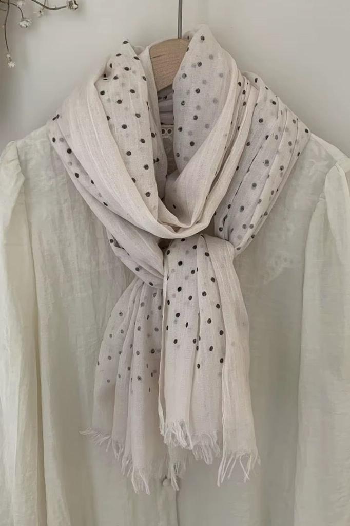 Cream Polka Dot Scarf - 50% Viscose, 50% Cotton