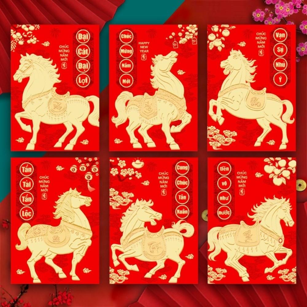 6 Stück 2026 Jahr des Pferdes Vietnamesische rote Umschläge Chinesischer Stil Cartoon Rote Päckchen Geburtstagsgeschenk