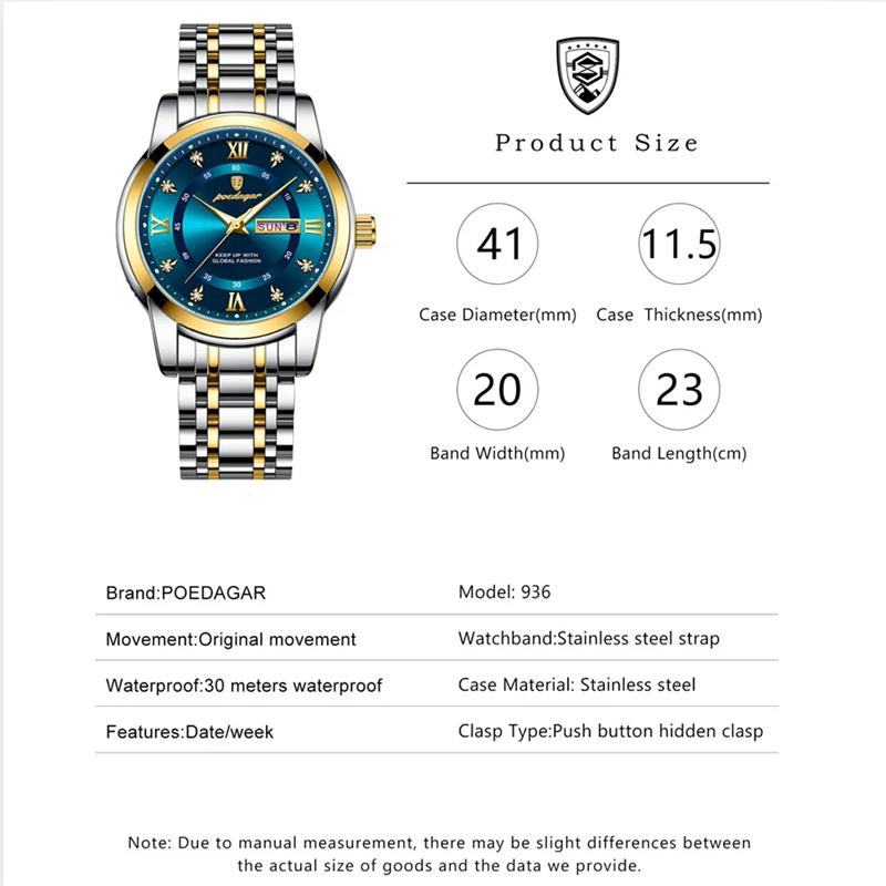POEDAGAR Luxury Watch for Man Business Elegant Men Watch Date Week Waterproof Luminous Quartz Men's Watches Stainless Steel
