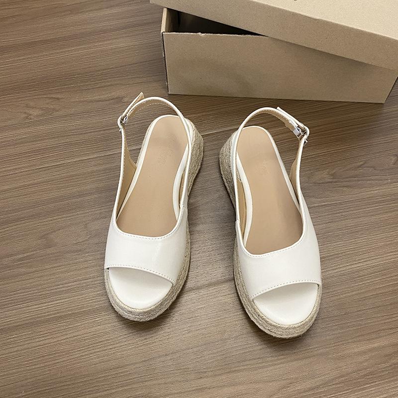 

Huge easy to wear straw woven open-toed sandals women s summer retro heightened thick-soled wedge heel one-word buckle with round head Roman sandals 40