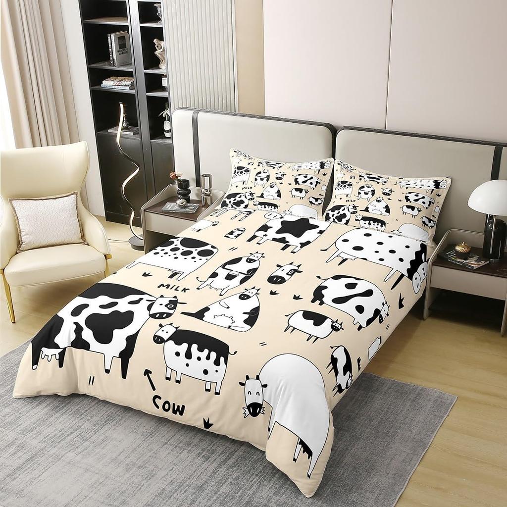 Cartoon Farmhouse Duvet  Cover Set Queen King Size Cute Cow Farm Animal Bedding Set 3 Piece Set with 2 Pillowcases No Quilt