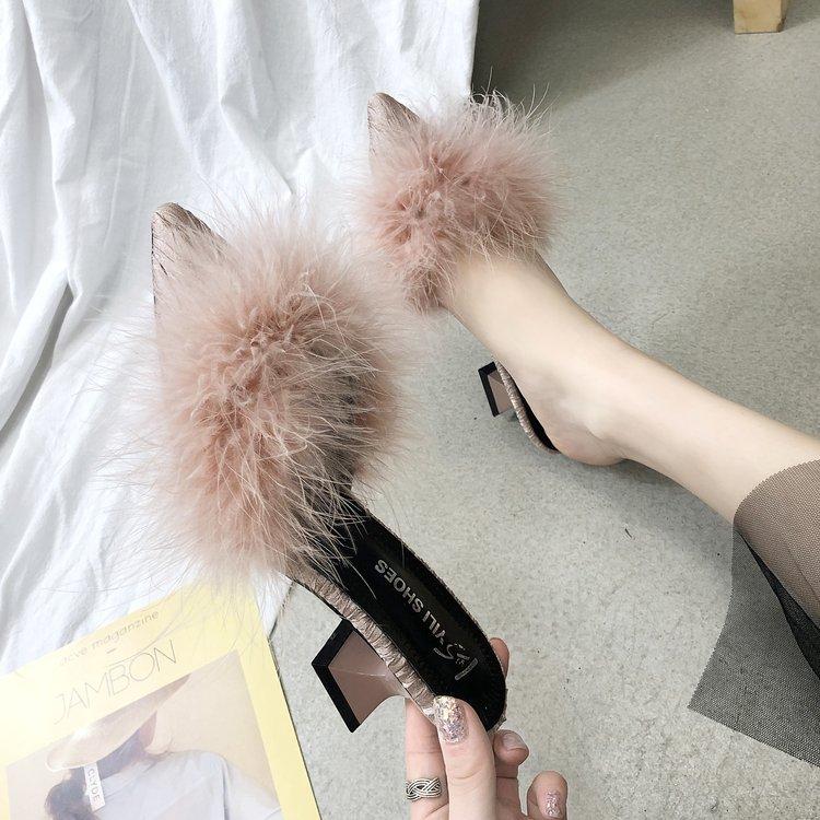 Mezze pantofole da donna Nuove estive Sexy a punta Temperamento Tacchi alti Pantofole Moda femminile Pelliccia Tacchi alti Ciabatte Lisce