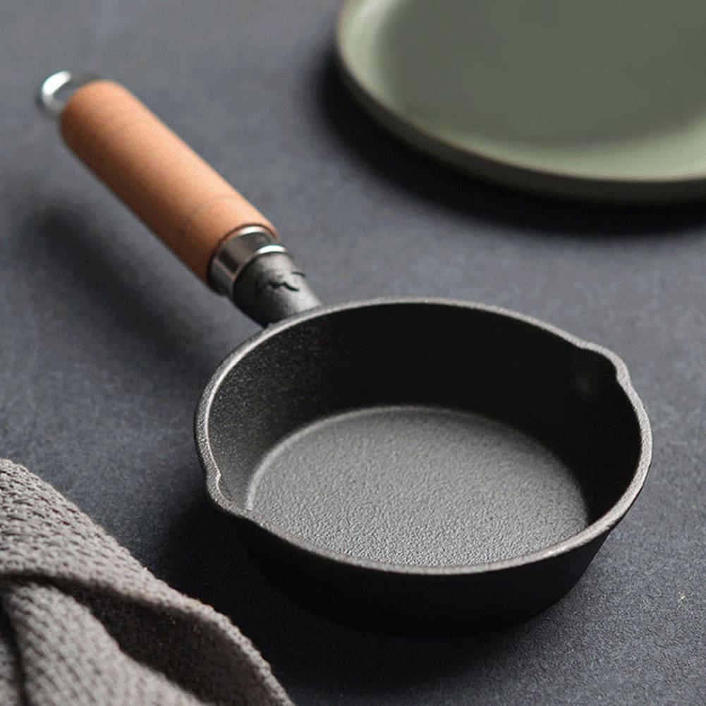 Padella Mini in Ghisa da 10/13/16 Cm con Manico in Legno Padella da Cucina con Doppio Beccuccio Padella per Pancake Antiaderente per Cucina Casa