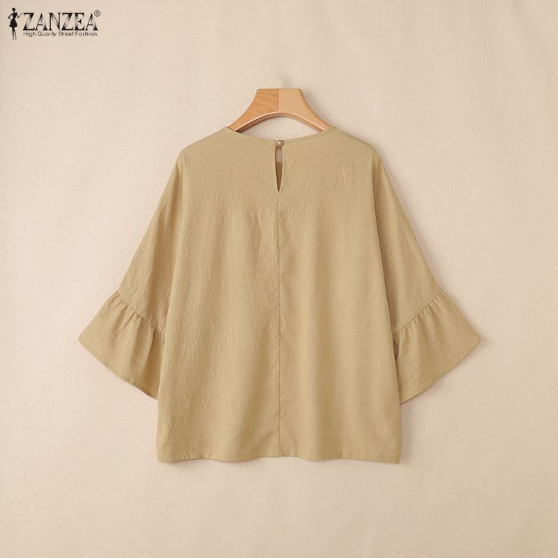 ZANZEA Women Casual Round Neck Solid Color Loose 3/4 Sleeve Cover Up Blouse