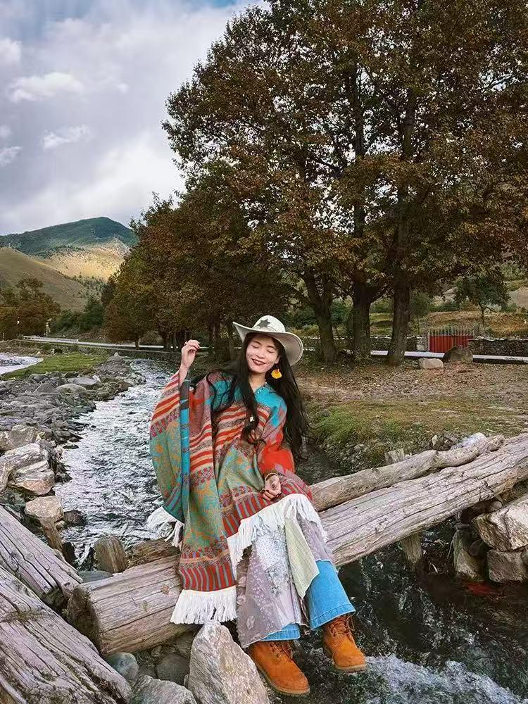 Ethnic Style Knitted Shawl Pullover Cape - Women's Warm Travel Cloak