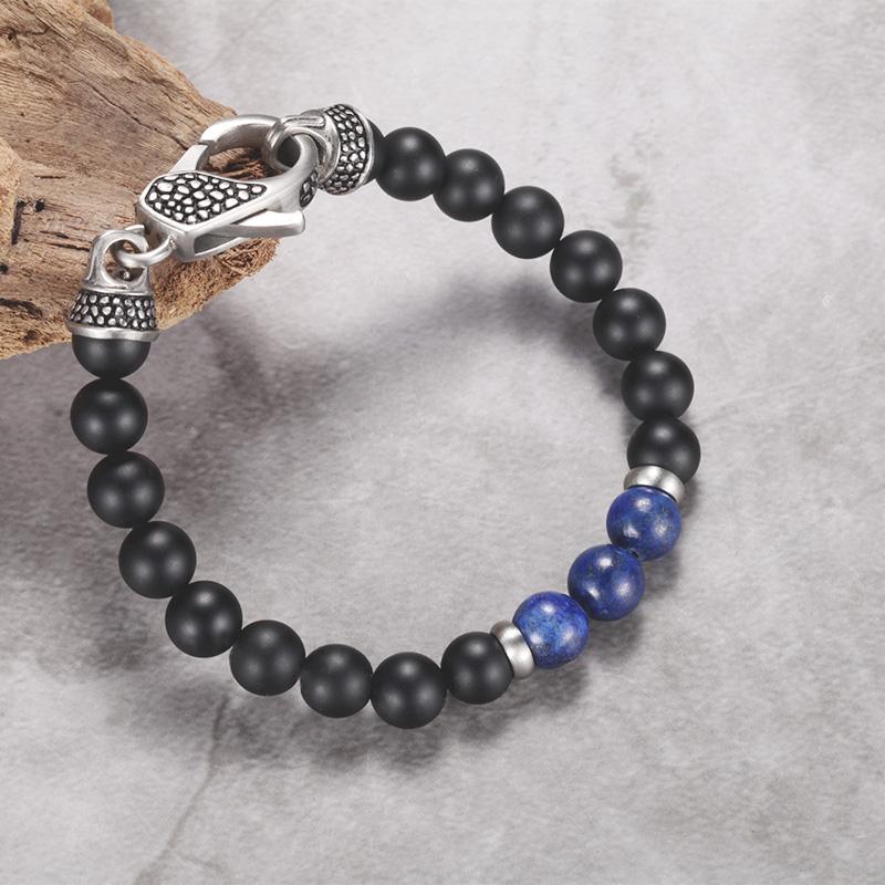 MATT STONE BRACELET   8mm Matt Onyx Stone Bead Bracelet with Reptile Design Lobster Lock, Blue Lapiz Stones
