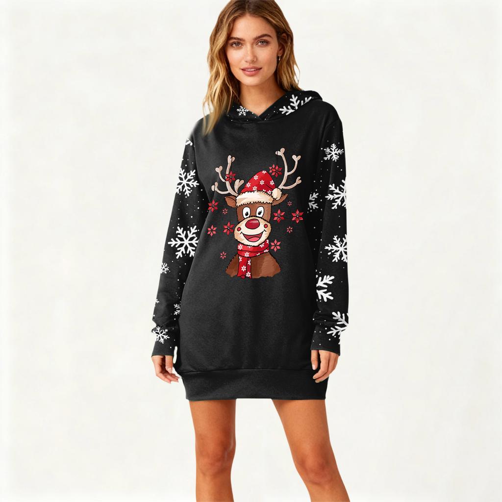 Women's Christmas Print Long-Sleeved Hooded Pocket Pullover Dress