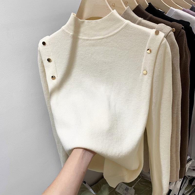 Button Turtleneck Knitted Women Sweater Pullovers Autumn Winter Basic Women Sweaters Fit Soft Warm Tops