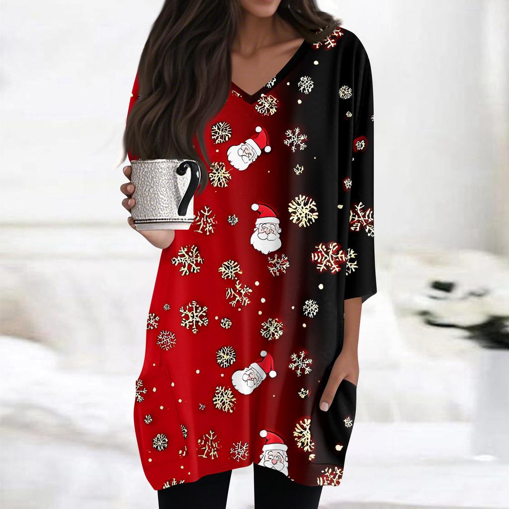 Womens Tops V-neck 3/4 Sleeve Blouses Casual Mid-length Shirts Fashion Christmas Print Tunic Tops With Pockets