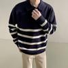 Jesień Zima Męski Sweter Colorblock Paski Kołnierzyk Rozpinany Dzianinowy Luźny Długi Rękaw Luźny Pulower Dzianina Styl Angielski Sweter Szkolny