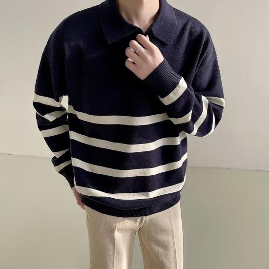 Podzim Zima Pánský Svetr Colorblock Pruhovaný Límec na Zapínání Pletený Volný Dlouhý Rukáv Volný Pulovr Pletenina Anglický Styl Školní Svetr