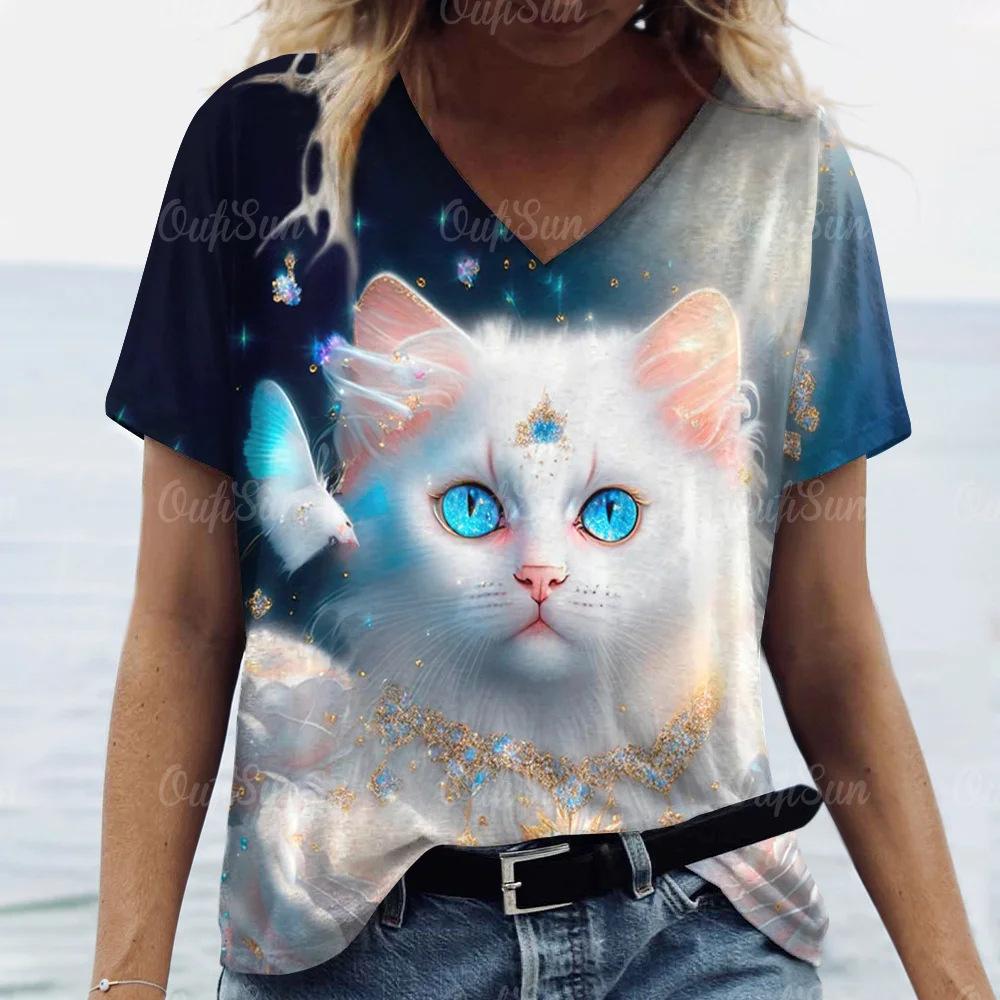 Summer Fashion Cartoon Cat Print 3D Personality Printed T-shirt Women's Loose Comfortable Soft Breathable V-neck Short Sleeved T-shirt