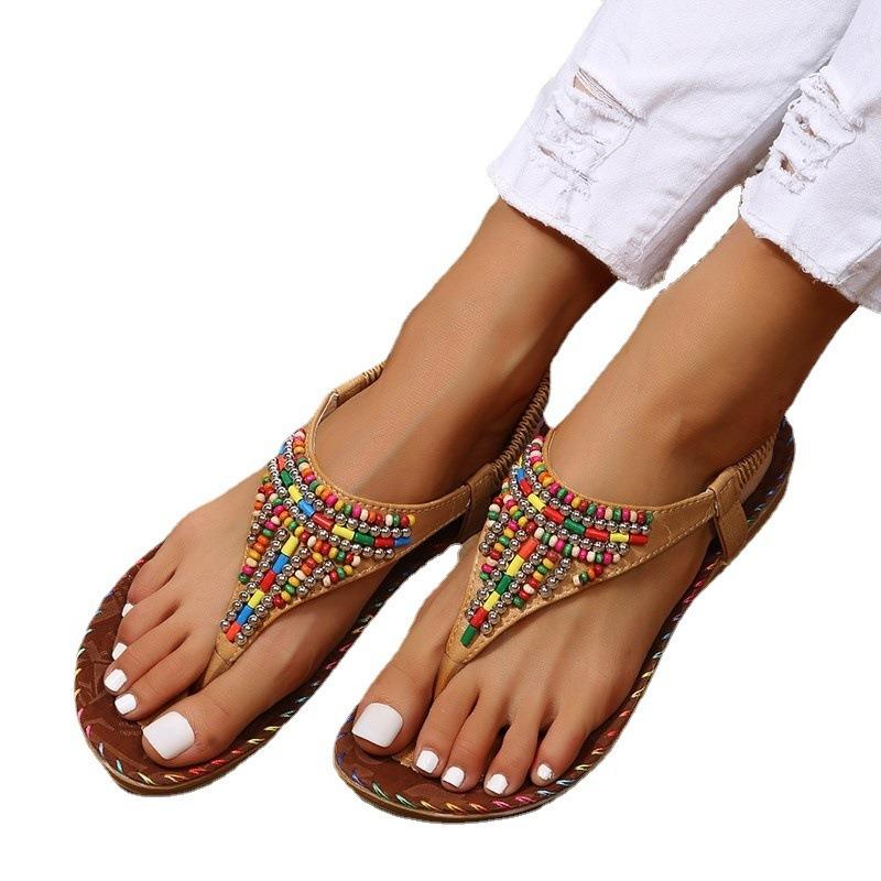 Large Size Women's Shoes Beaded Famous Style Flat Bottom Sandals Women's Toe Elastic Beach Cool Slippers Wish Source