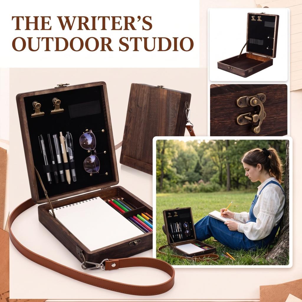 Wooden Storage Box for Outdoor Sketching with Paintbrush and Holders, Portable Backpack for and Artists